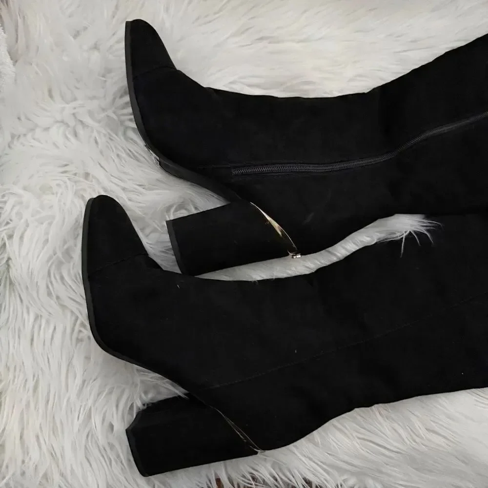 TOMMY HILFIGER | Faux Suede Black Gold Hardware Over Knee Boots Twnarzel | 9